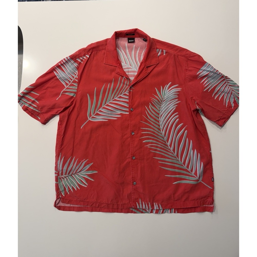 Hugo Boss Rayer Palms Camp Shirt Mens XL Regular Fit Red Viscose Palm Tree
